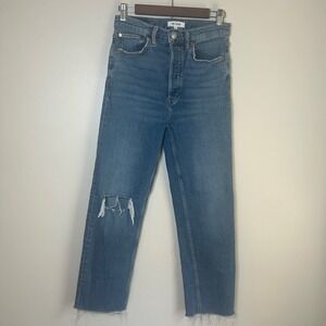 RE/DONE High Rise Ankle Crop‎ Jeans Distressed Denim Button Fly Medium Wash